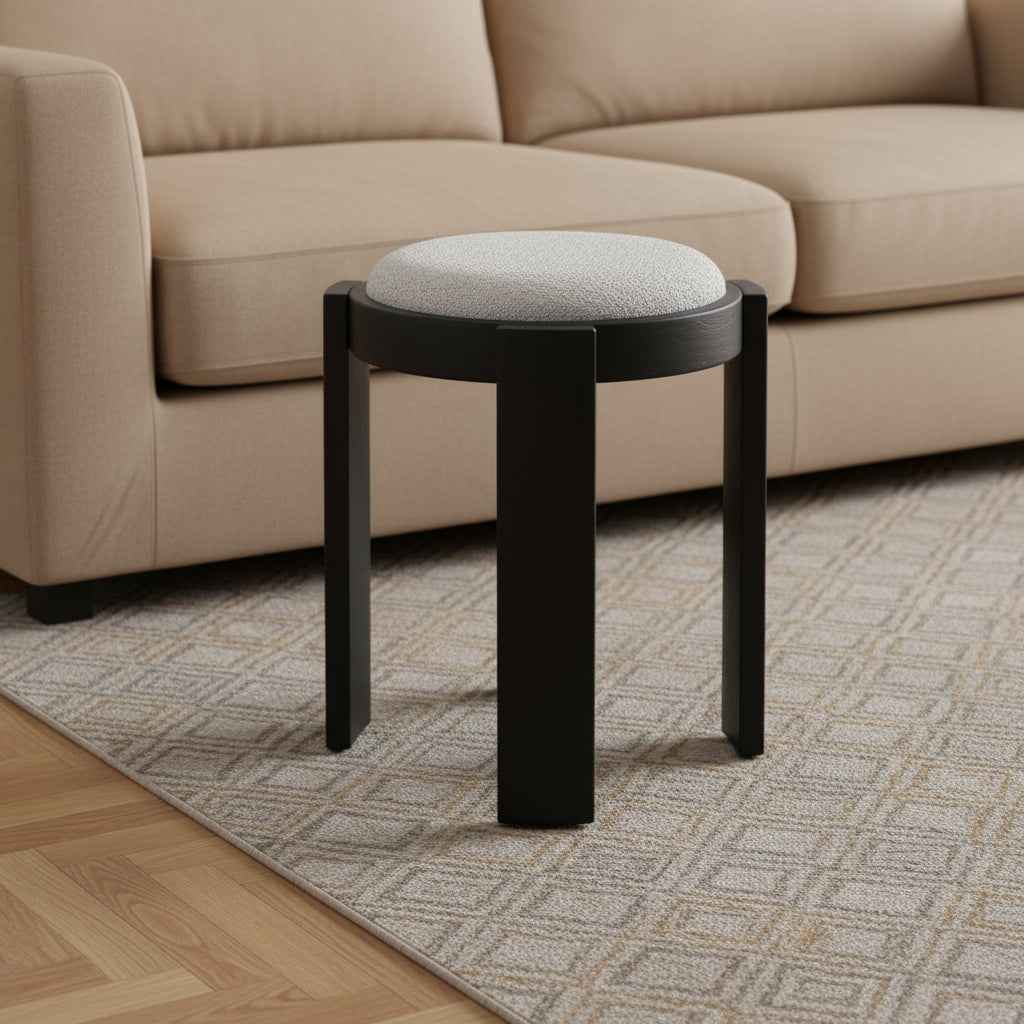 15" Gray and Black Fabric Round Ottoman