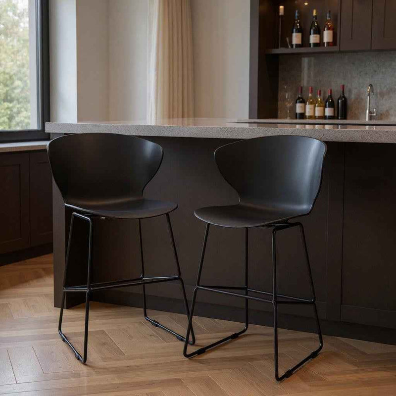 Set of Two 30" Black Heavy Duty Plastic and Metal Low Back Bar Height Bar Chairs