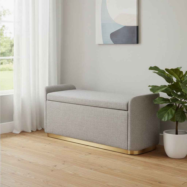 48" Gray and Gold Fabric Upholstered Bench