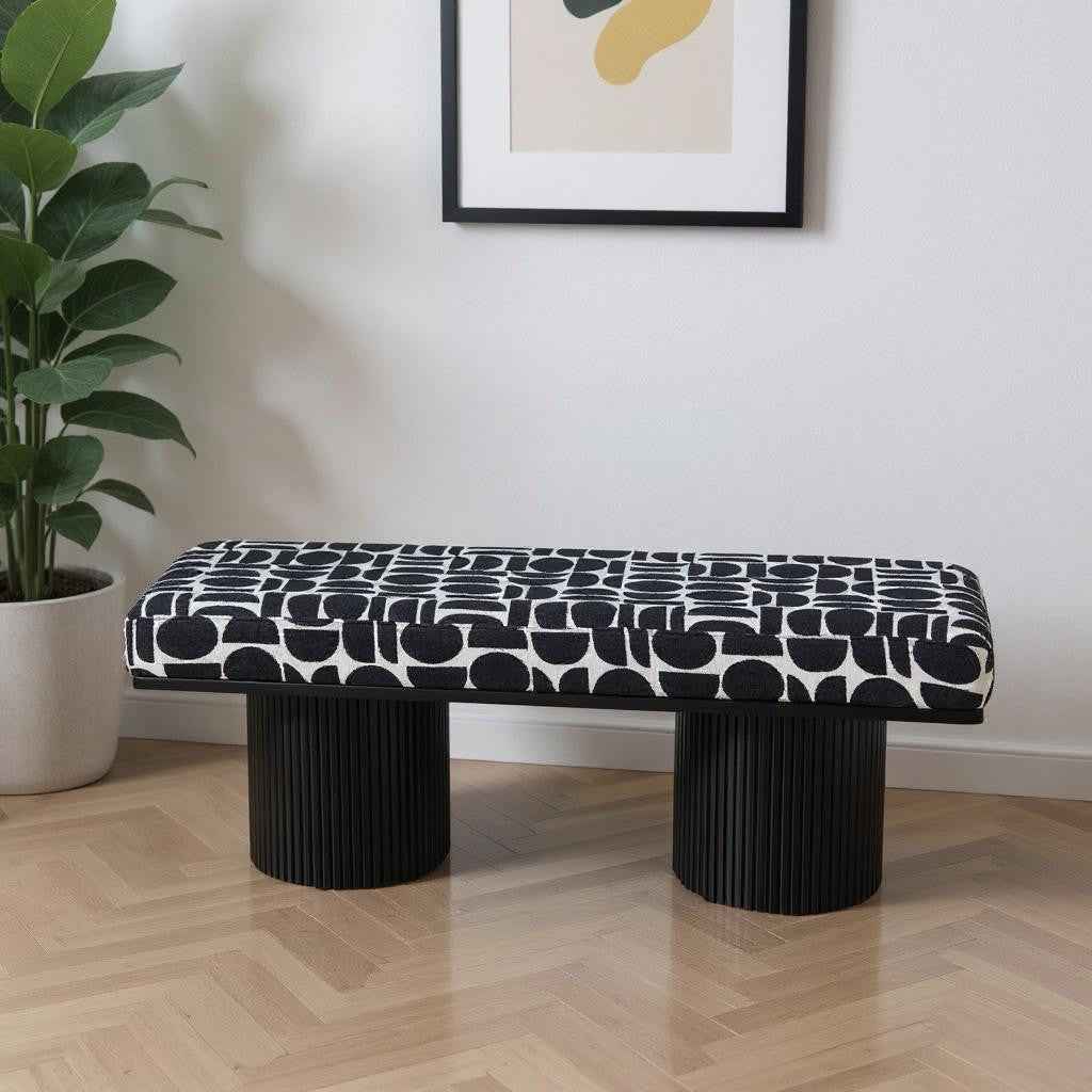 49" White and Black Fabric and Solid Wood Upholstered Bench