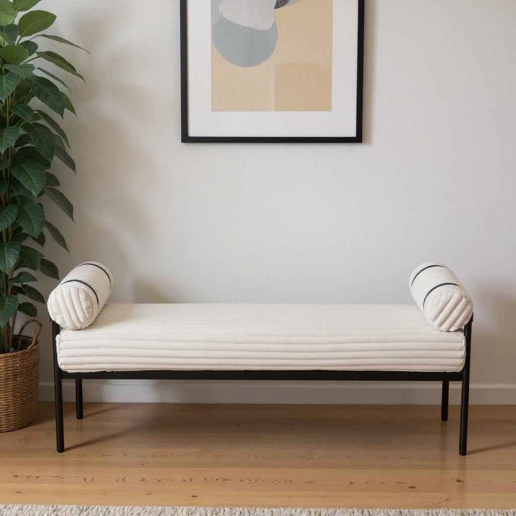 56" Cream and Black Fabric Upholstered Bench
