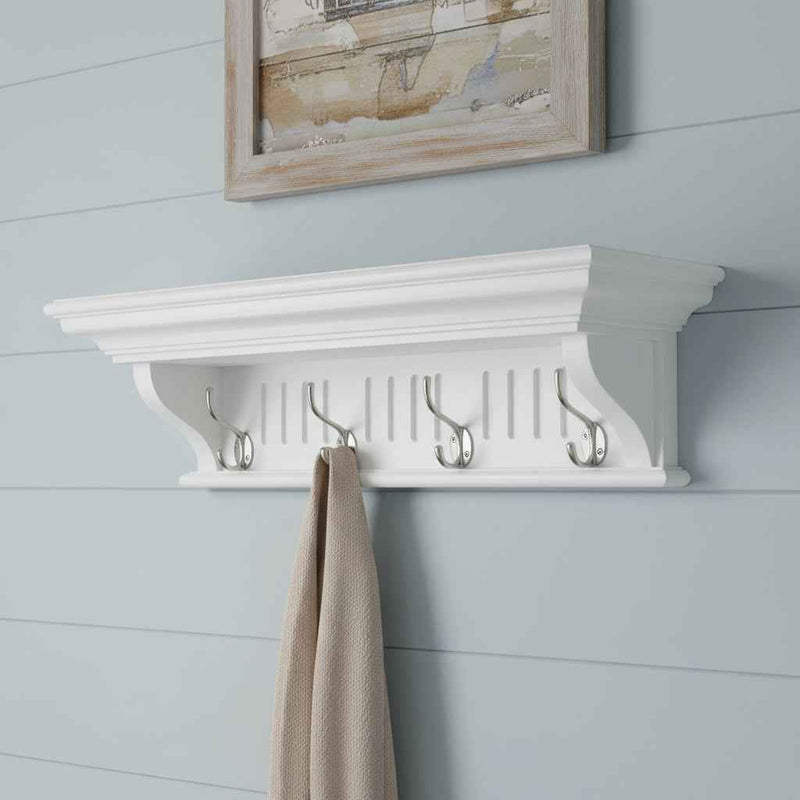 28" White Solid Wood Four Hook Wall Mount Coat Rack