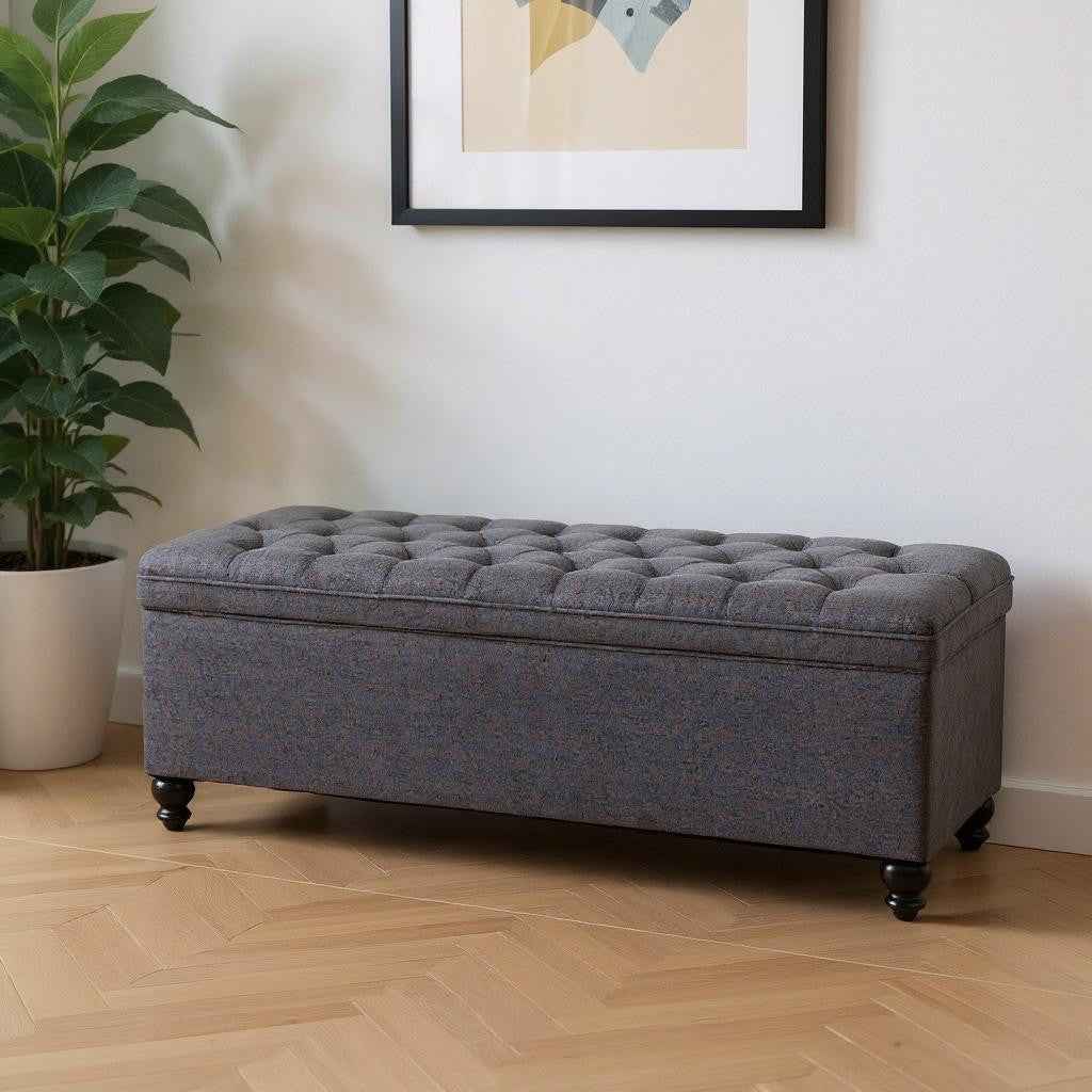 56" Gray and Black Fabric and Solid Wood Upholstered Bench