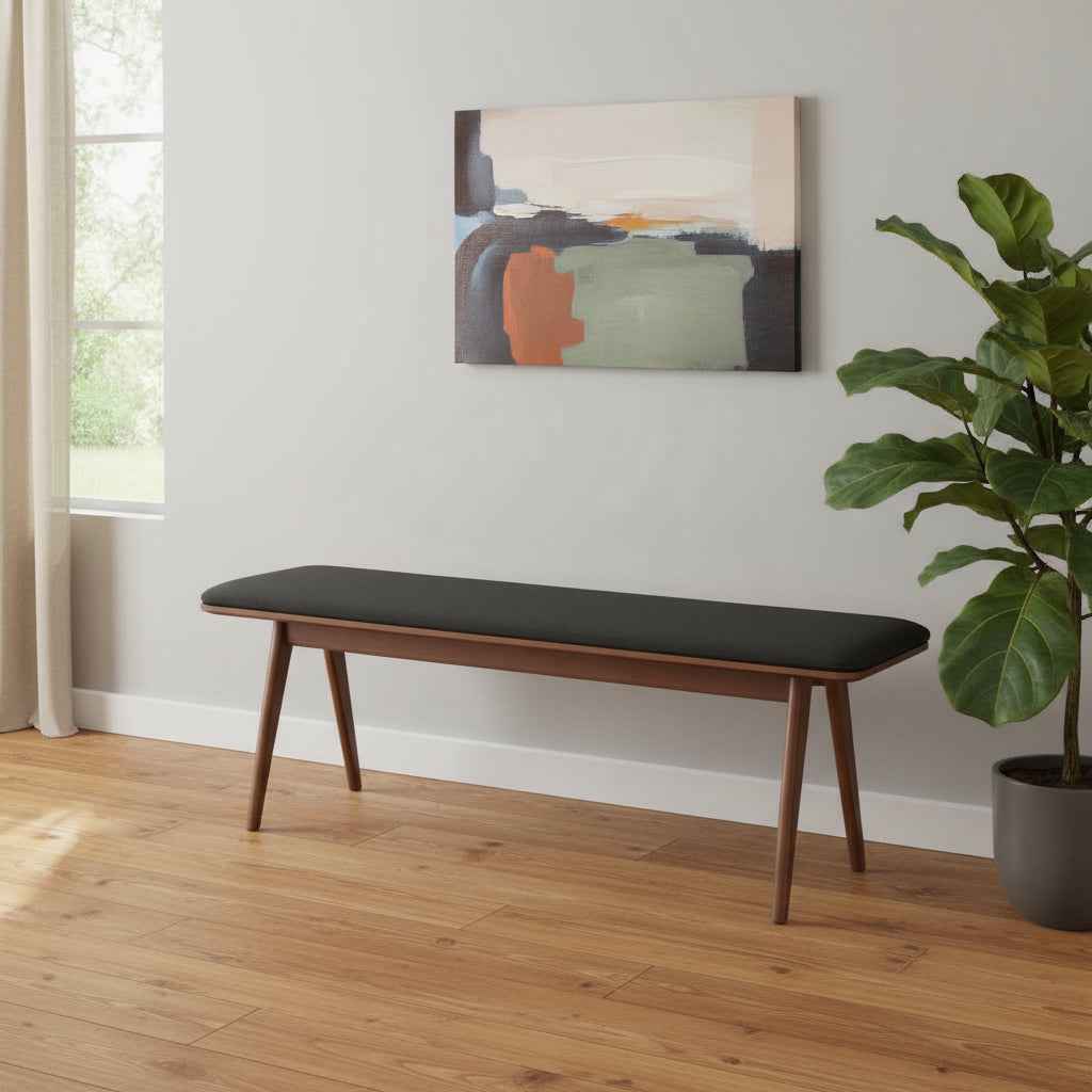 60" Black and Brown Fabric and Wood Upholstered Bench