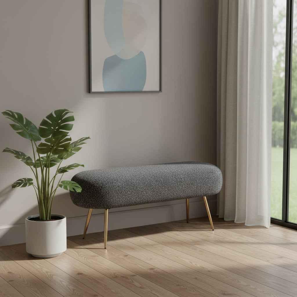 48" Black and Gold Fabric Upholstered Bench