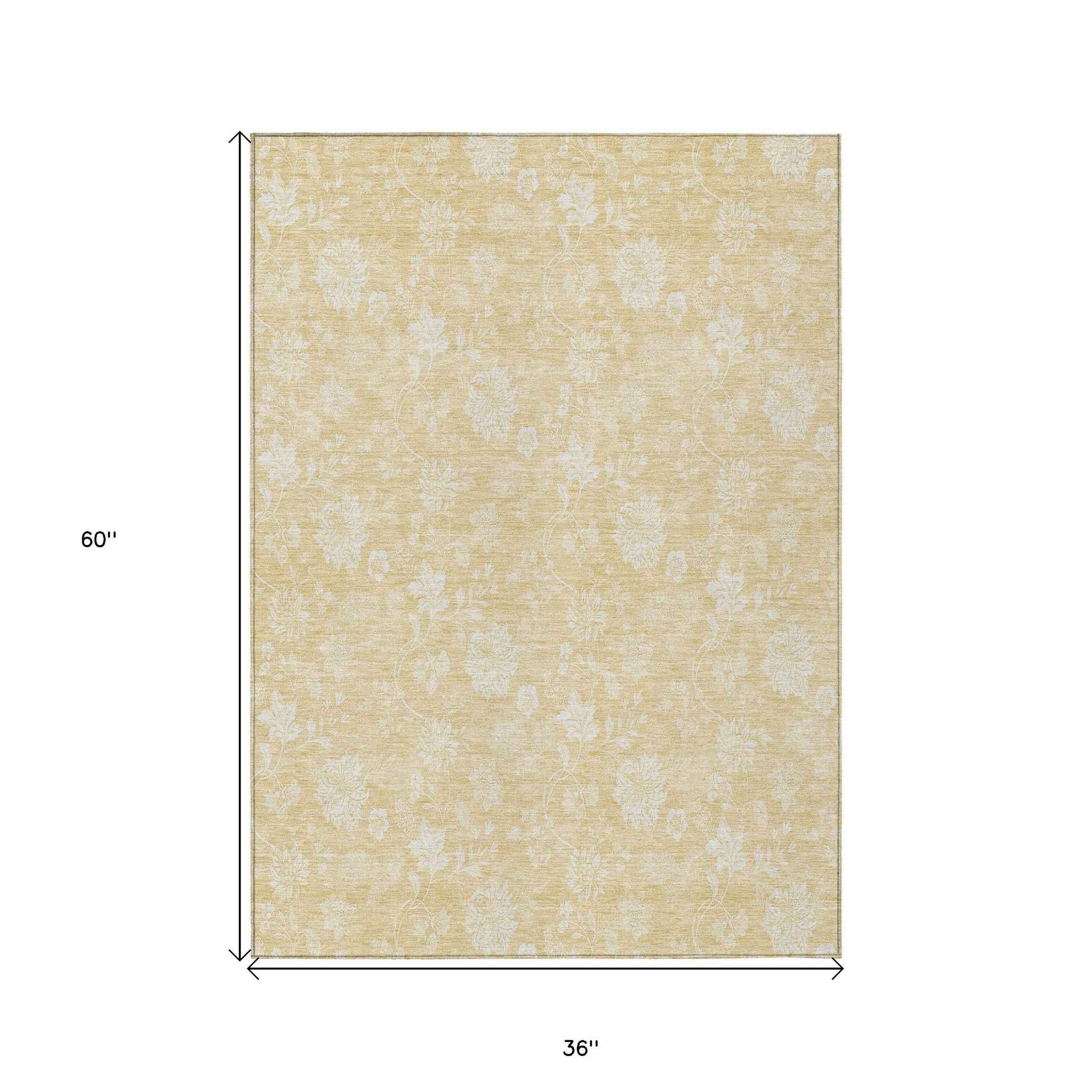 3' X 5' Yellow Wheat And Ivory Floral Washable Indoor Outdoor Area Rug