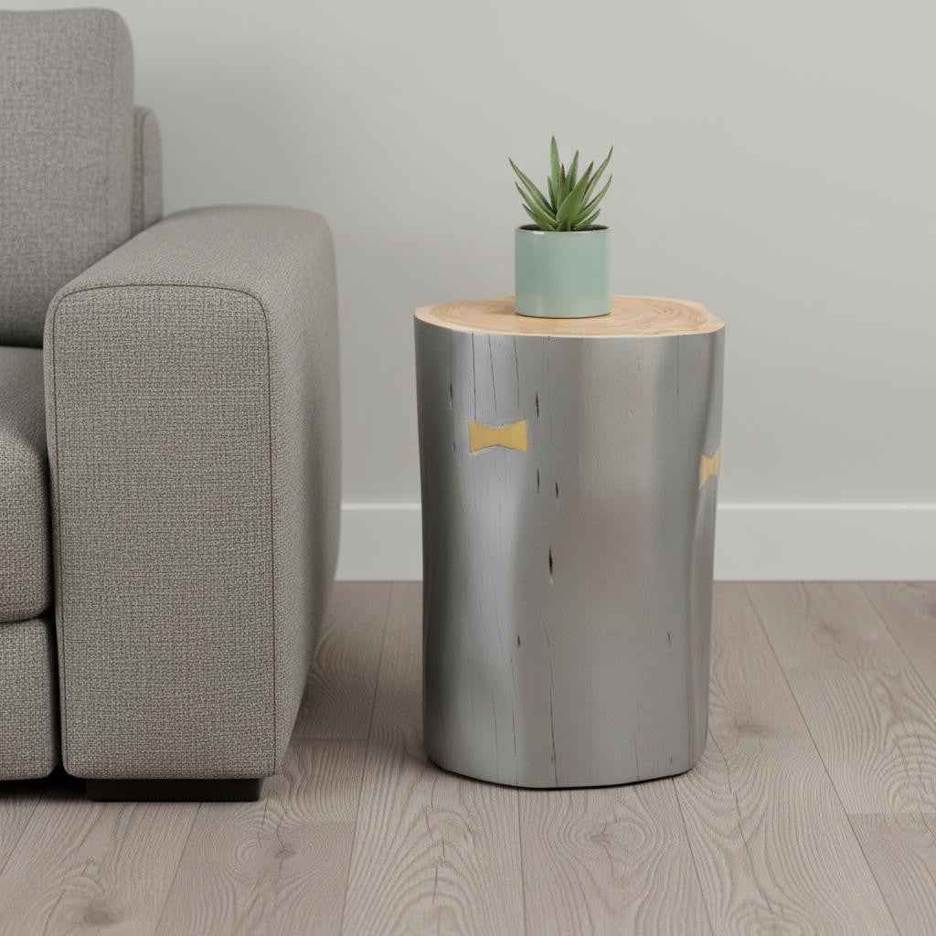 22" Gray Wood and Solid Wood Round Drum End Table