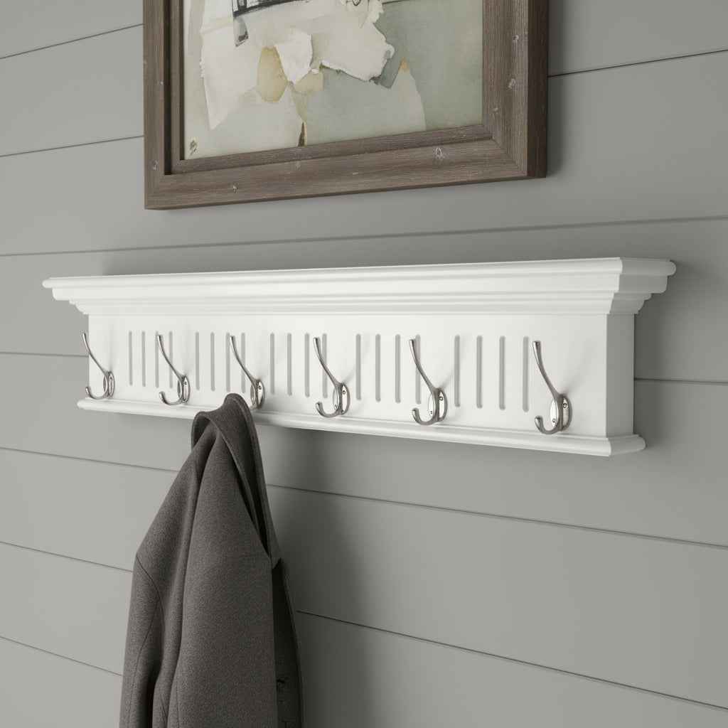39" White Solid Wood Six Hook Wall Mount Coat Rack
