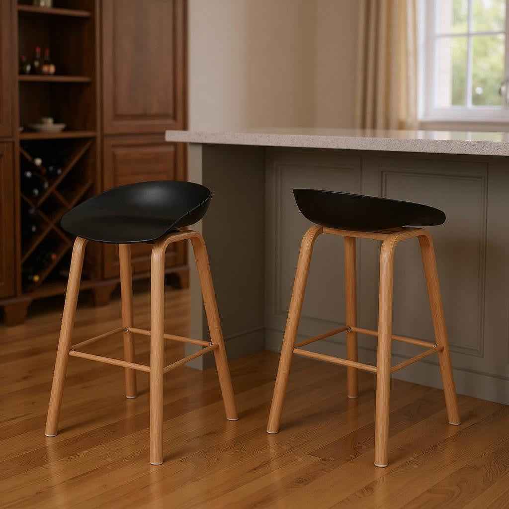 Set of Two Black and Natural Heavy Duty Plastic and Wood Backless Bar Height Bar Chairs