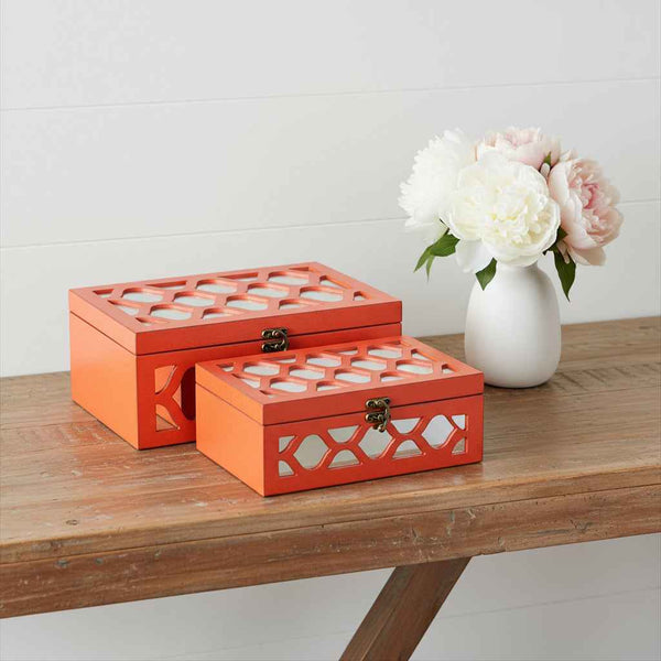Set of Two Orange Mirrored Glass And Solid Wood Box With Lid Default Title