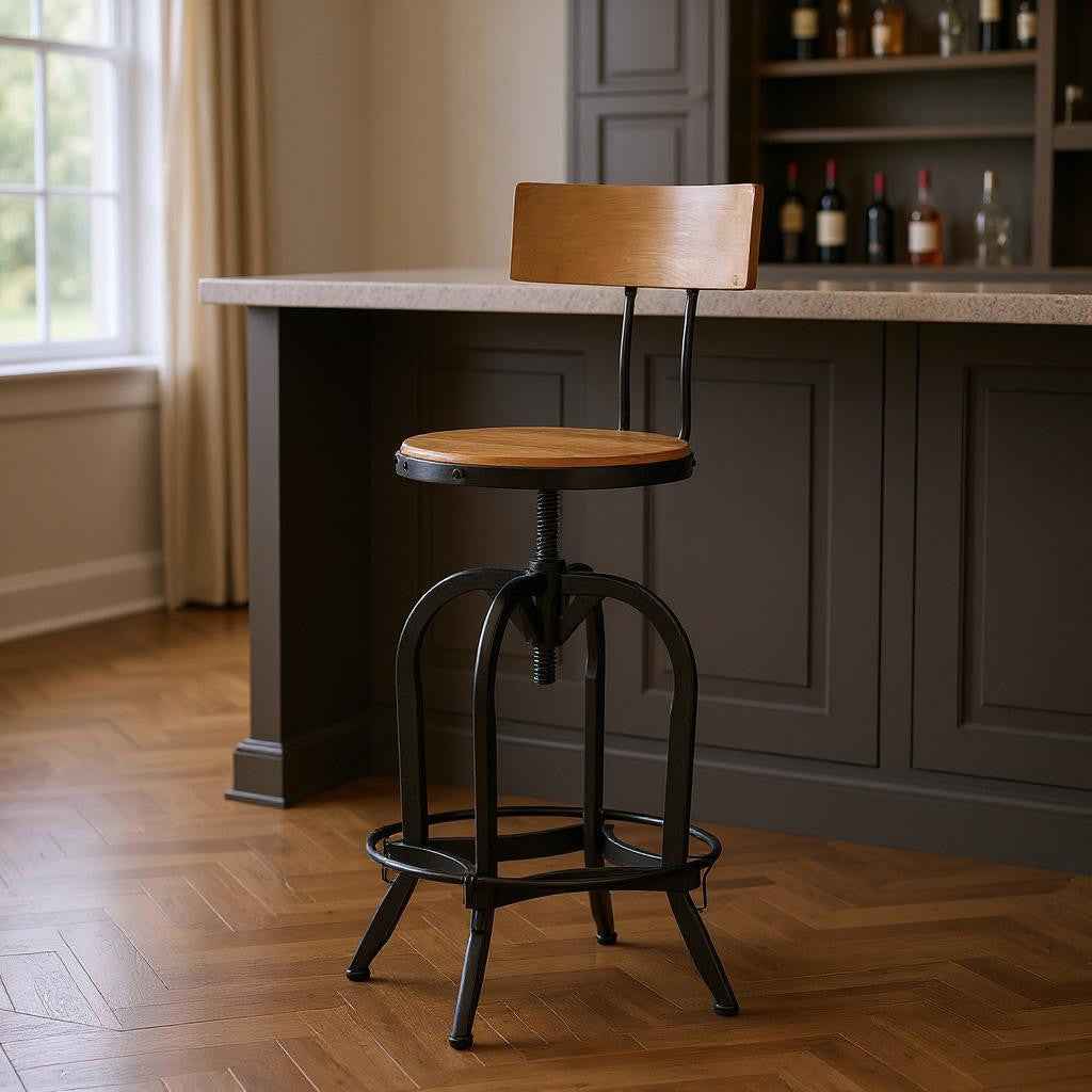 Natural and Black Wood and Metal Low Back Adjustable Height Swivel Bar Chair