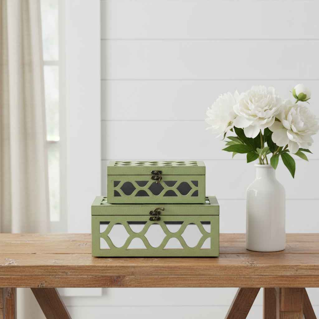 Set of Two Green Mirrored Glass And Solid Wood Box With Lid