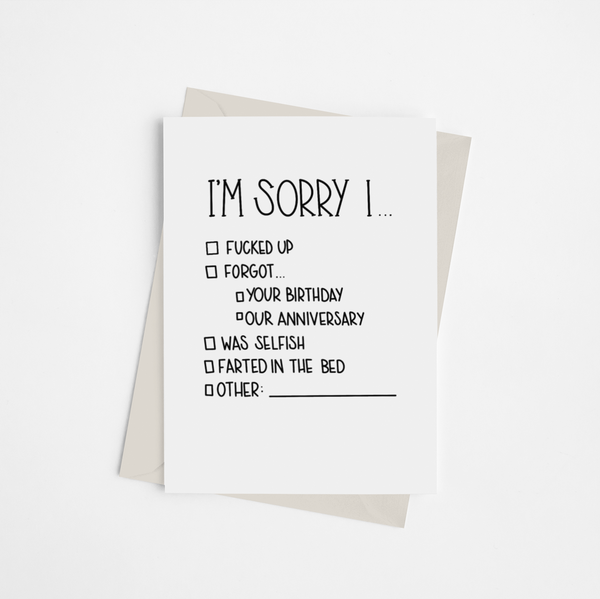 "I'm Sorry..." Checklist - Greeting Card - Pack of 3 - Apparel and Accessories