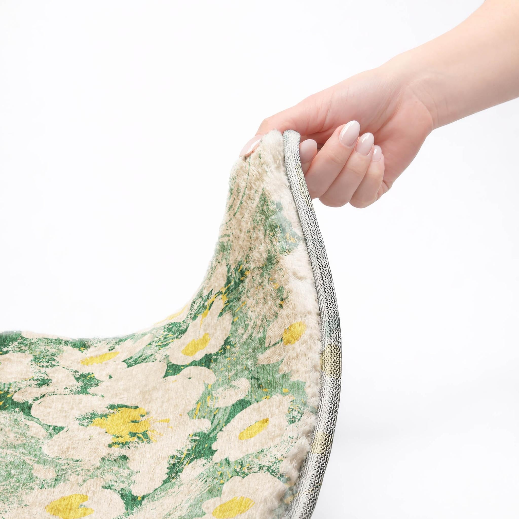 8' Green And Gold Floral Shag Washable Round Rug With UV Protection - Home & Garden