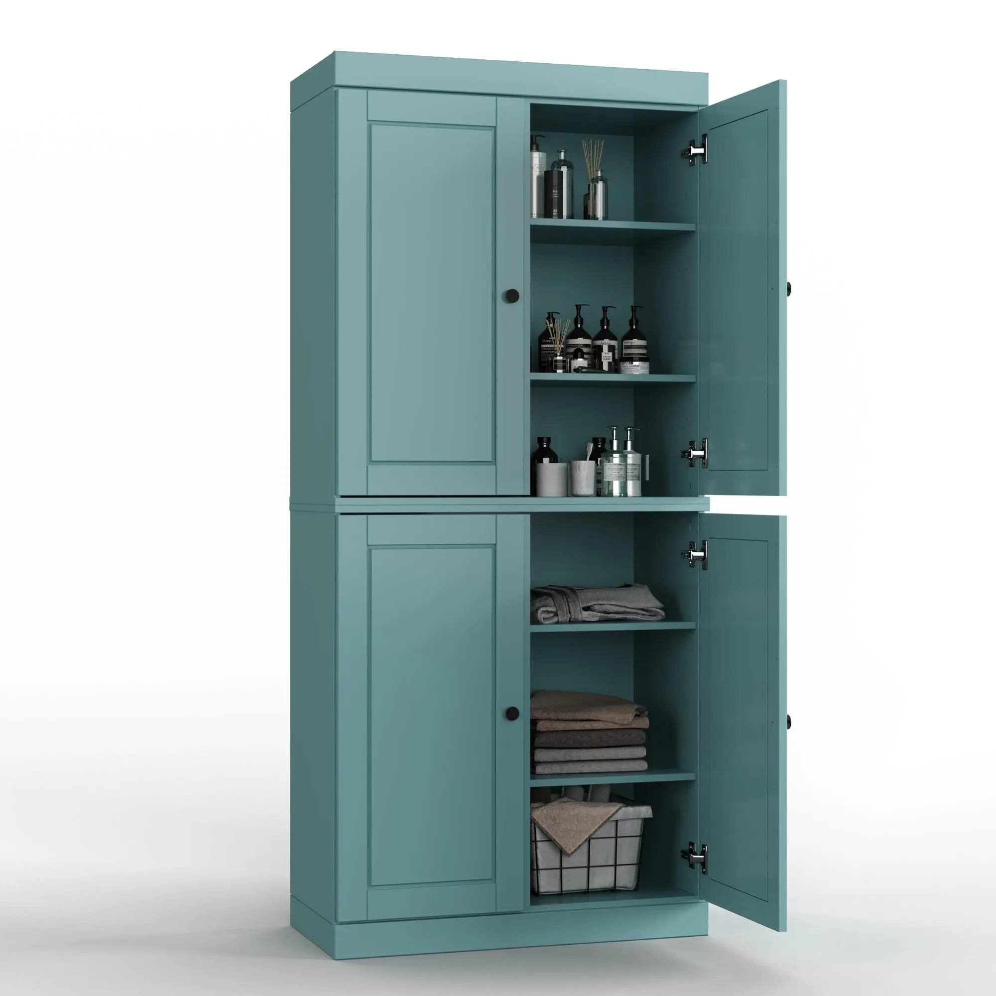 32" Aqua Solid Wood Free Standing Four Door Linen Cabinet Homeroots Organization