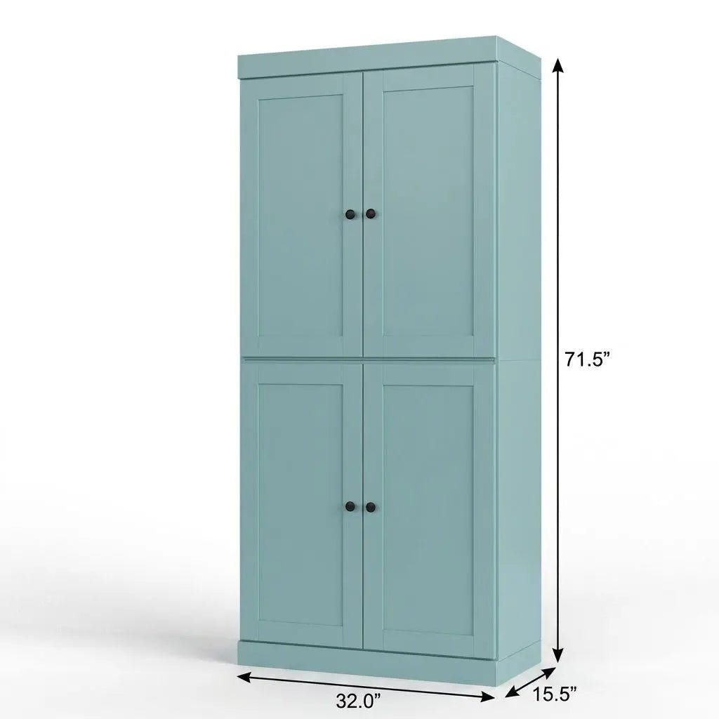 32" Aqua Solid Wood Free Standing Four Door Linen Cabinet Homeroots Organization
