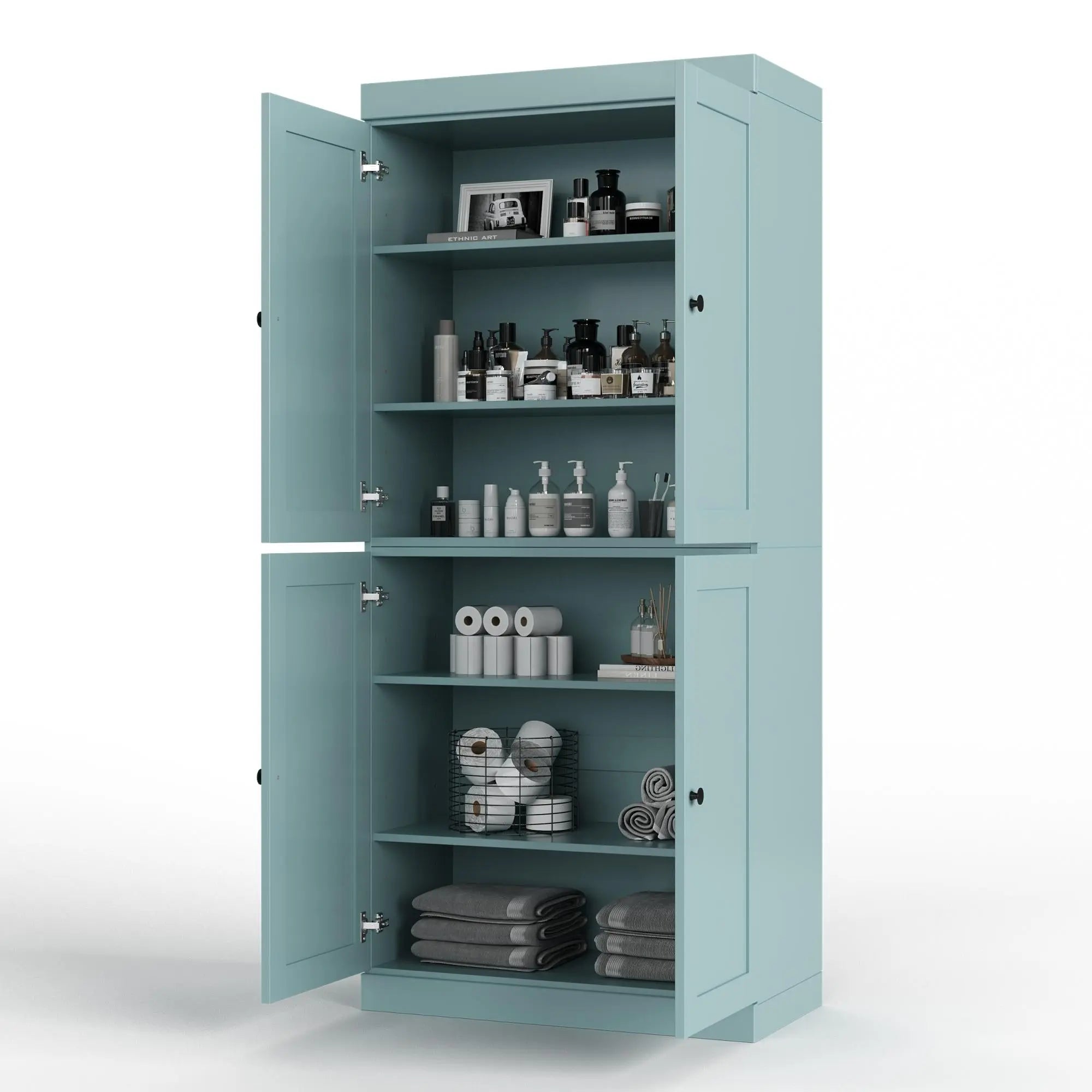 32" Aqua Solid Wood Free Standing Four Door Linen Cabinet Homeroots Organization