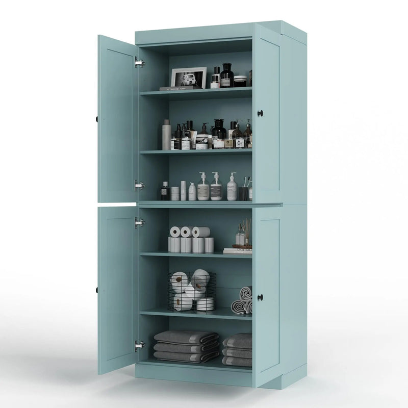 32" Aqua Solid Wood Free Standing Four Door Linen Cabinet Homeroots Organization