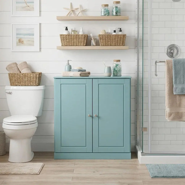 32" Aqua Solid Wood Raised Panel Double Door Linen Cabinet Homeroots Organization