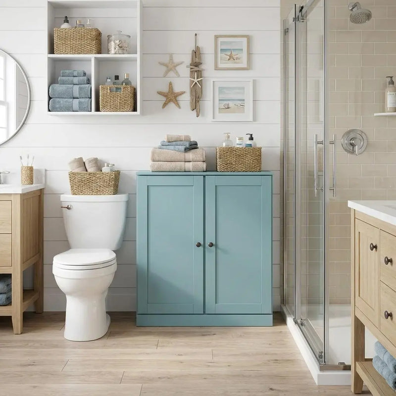 32" Aqua Solid Wood Shaker Style Double Door Linen Cabinet Homeroots Organization