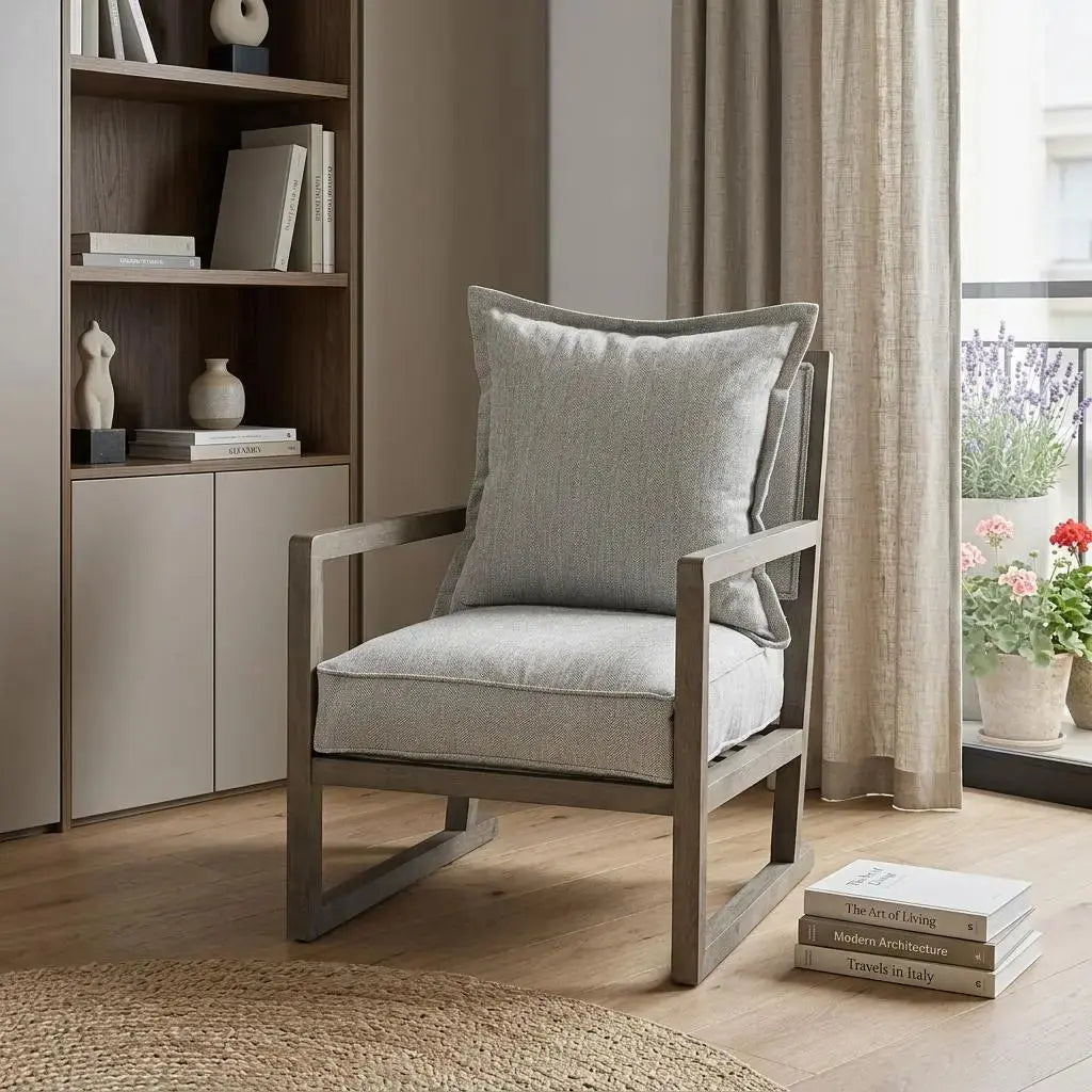 32" Ash Gray and Brown Fabric Arm Chair Homeroots Living Room