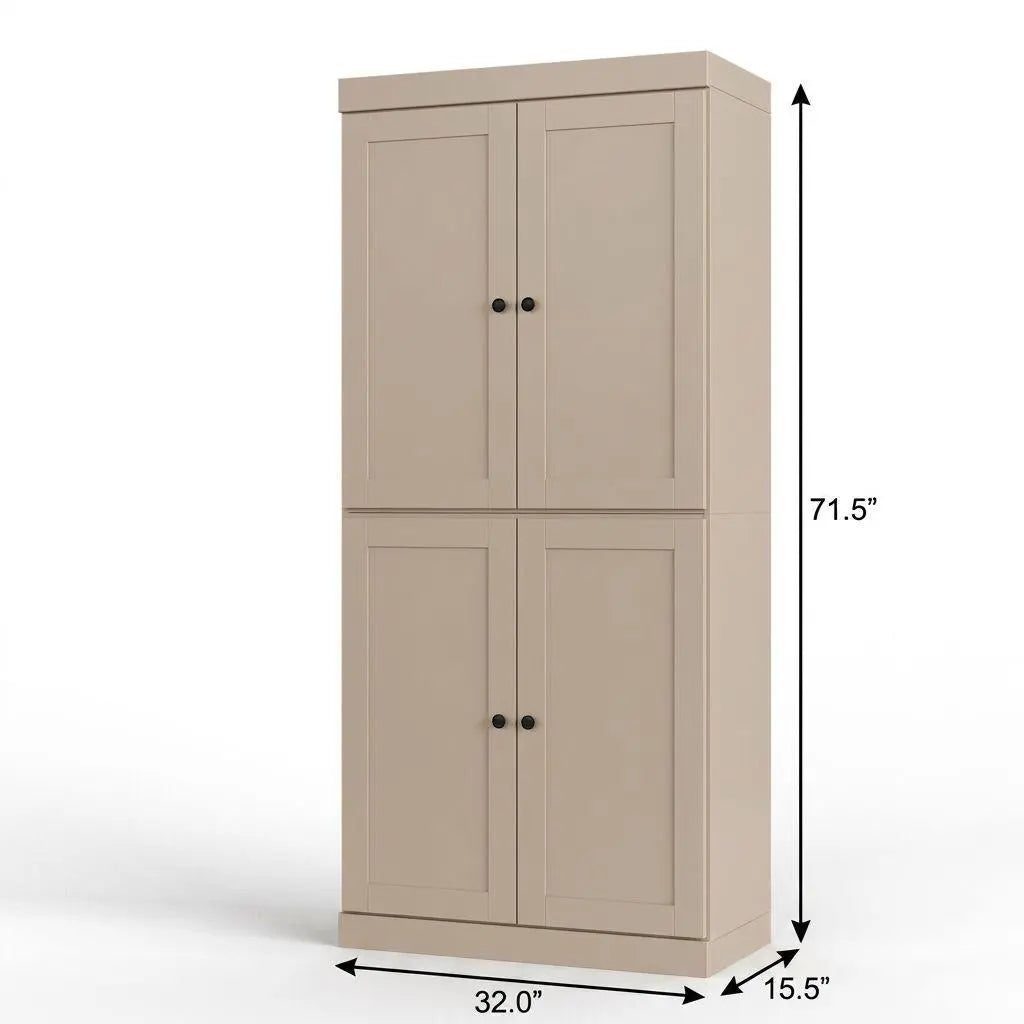 32" Beige Solid Wood Free Standing Four Door Linen Cabinet Homeroots Organization