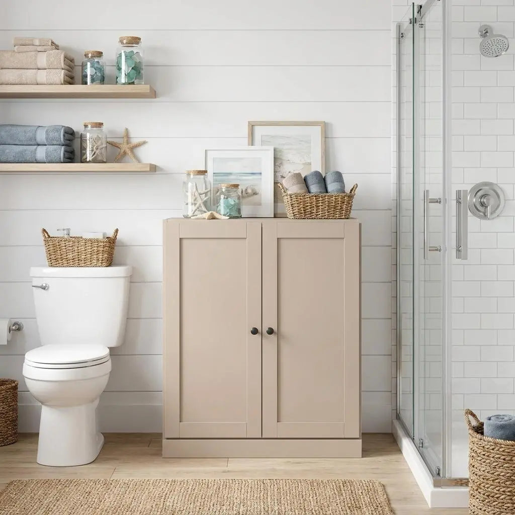 32" Beige Solid Wood Shaker Style Double Door Linen Cabinet Homeroots Organization