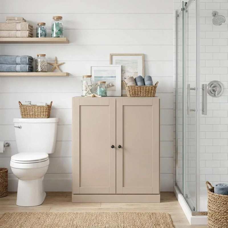 32" Beige Solid Wood Shaker Style Double Door Linen Cabinet Homeroots Organization