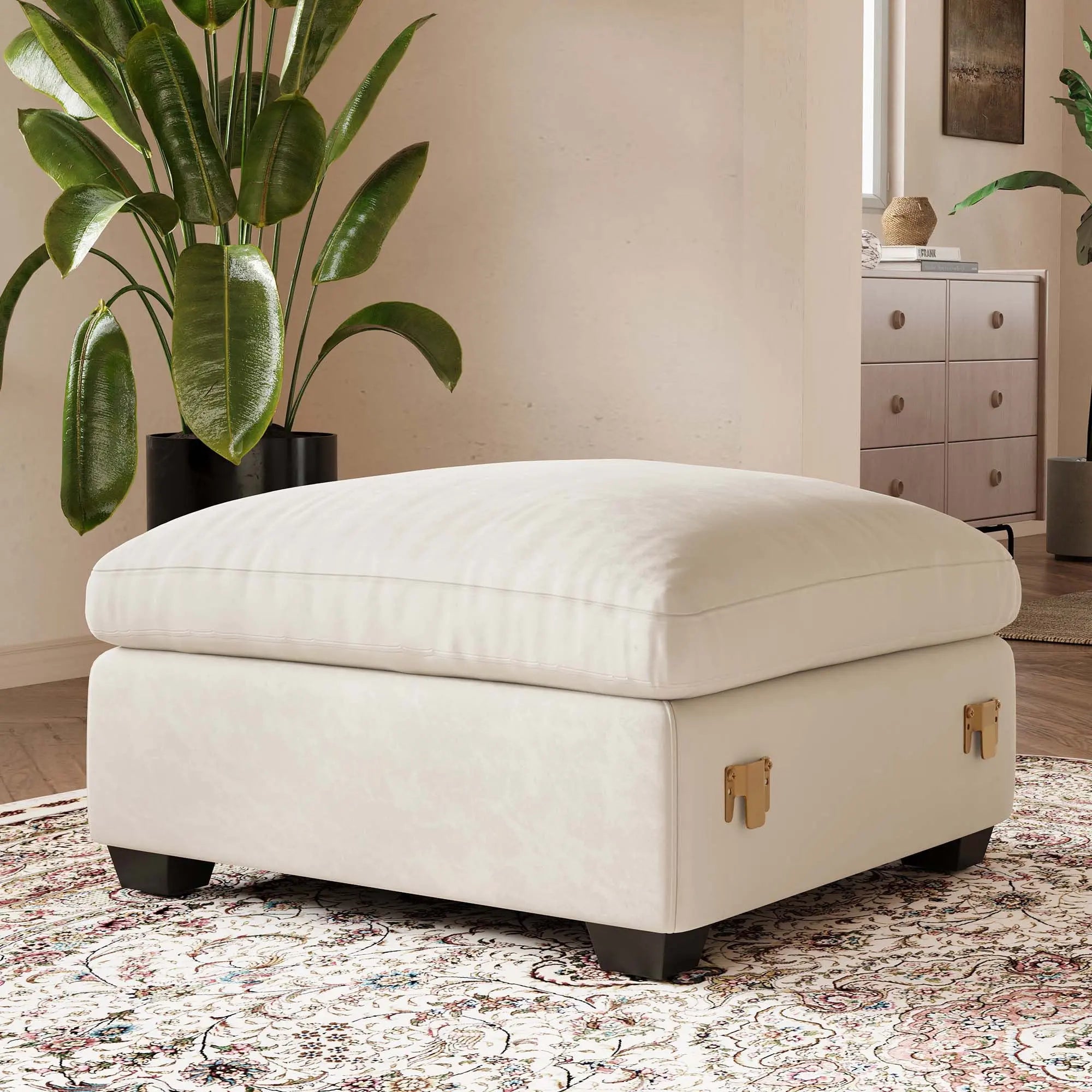 32" Beige and Black Velvet Footstool Homeroots Living Room