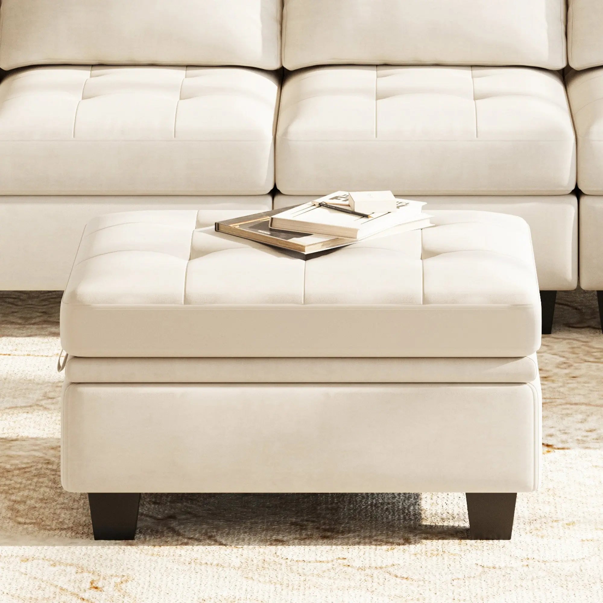 32" Beige and Black Velvet Tufted Storage Ottoman Homeroots Living Room