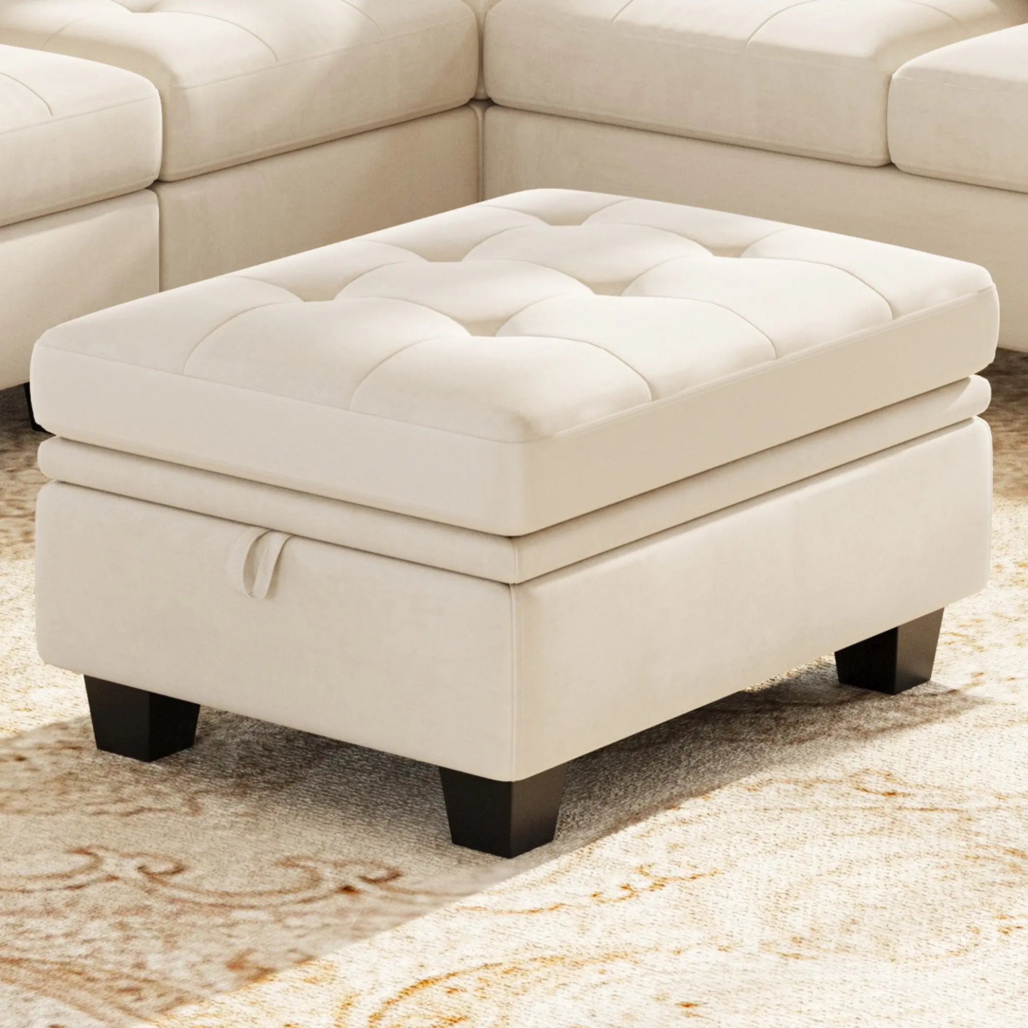 32" Beige and Black Velvet Tufted Storage Ottoman Homeroots Living Room