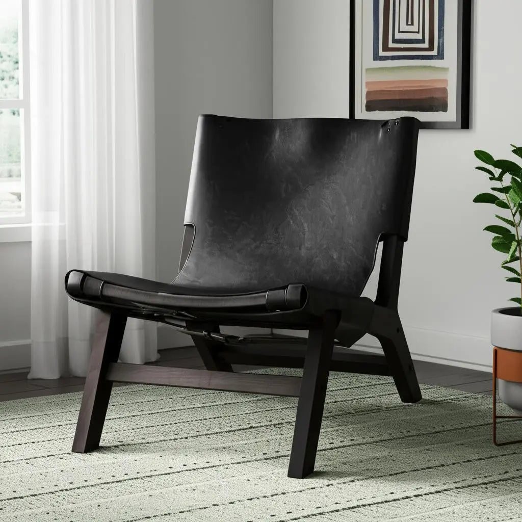 32" Black Genuine Leather and Solid Wood Slipper Chair Homeroots Living Room