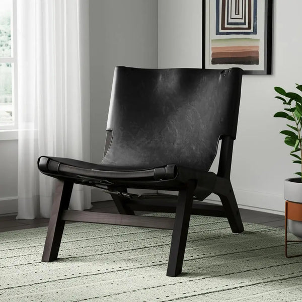 32" Black Genuine Leather and Solid Wood Slipper Chair Homeroots Living Room