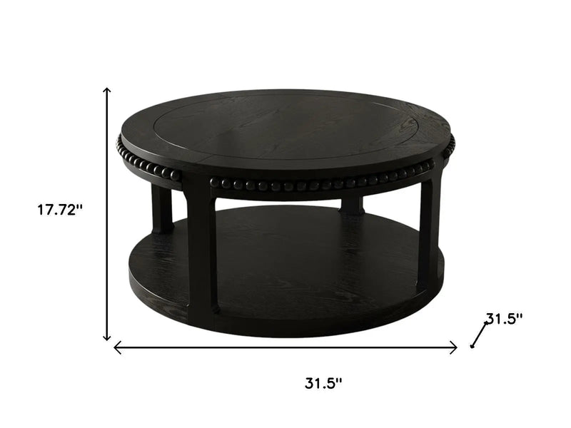 32" Black Wood Floor Shelf Beaded Round Coffee Table Homeroots Living Room