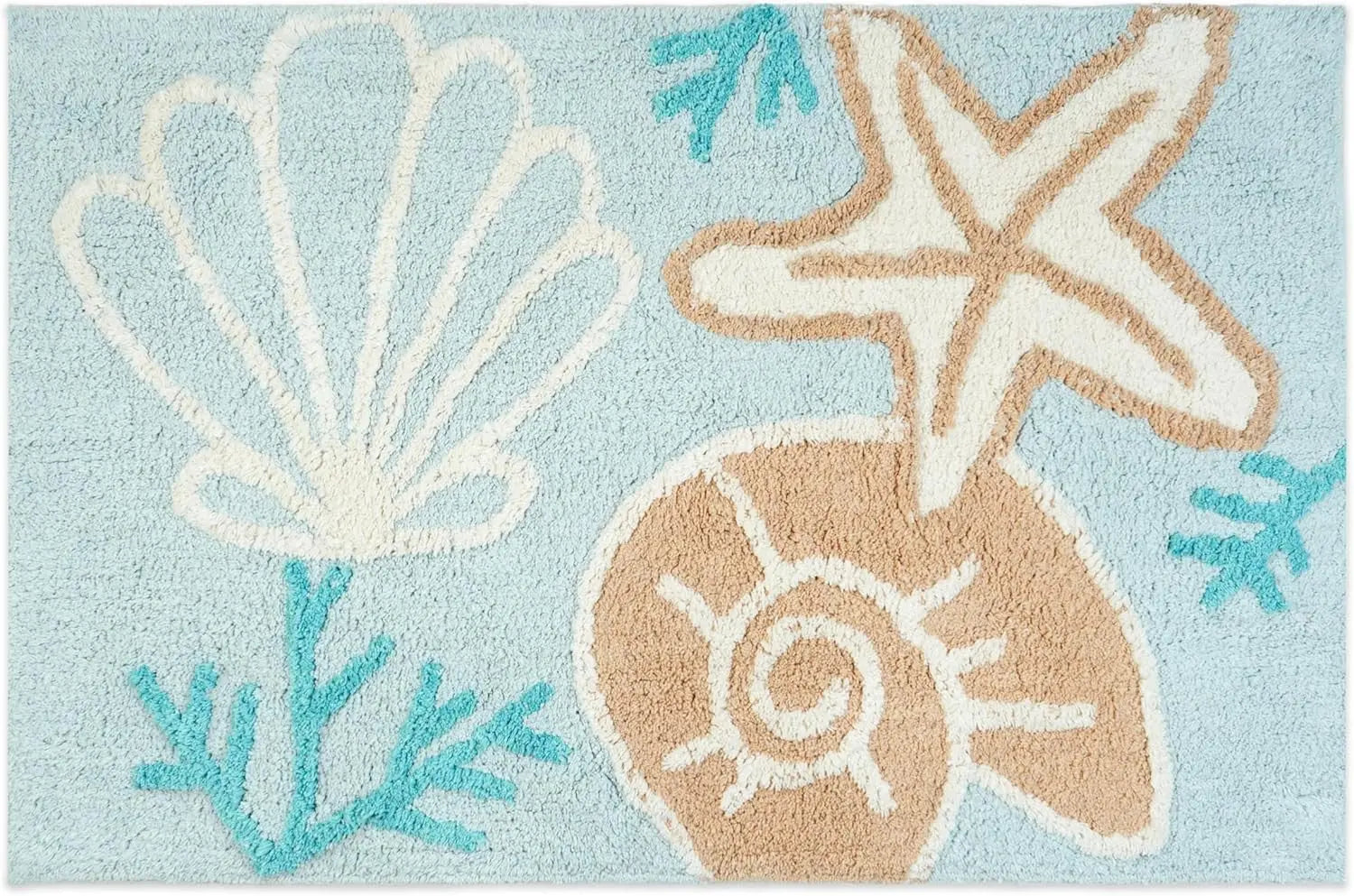 32" Blue Tan And White Cotton Seashells And Coral Bath Rug - GreatEagleInc