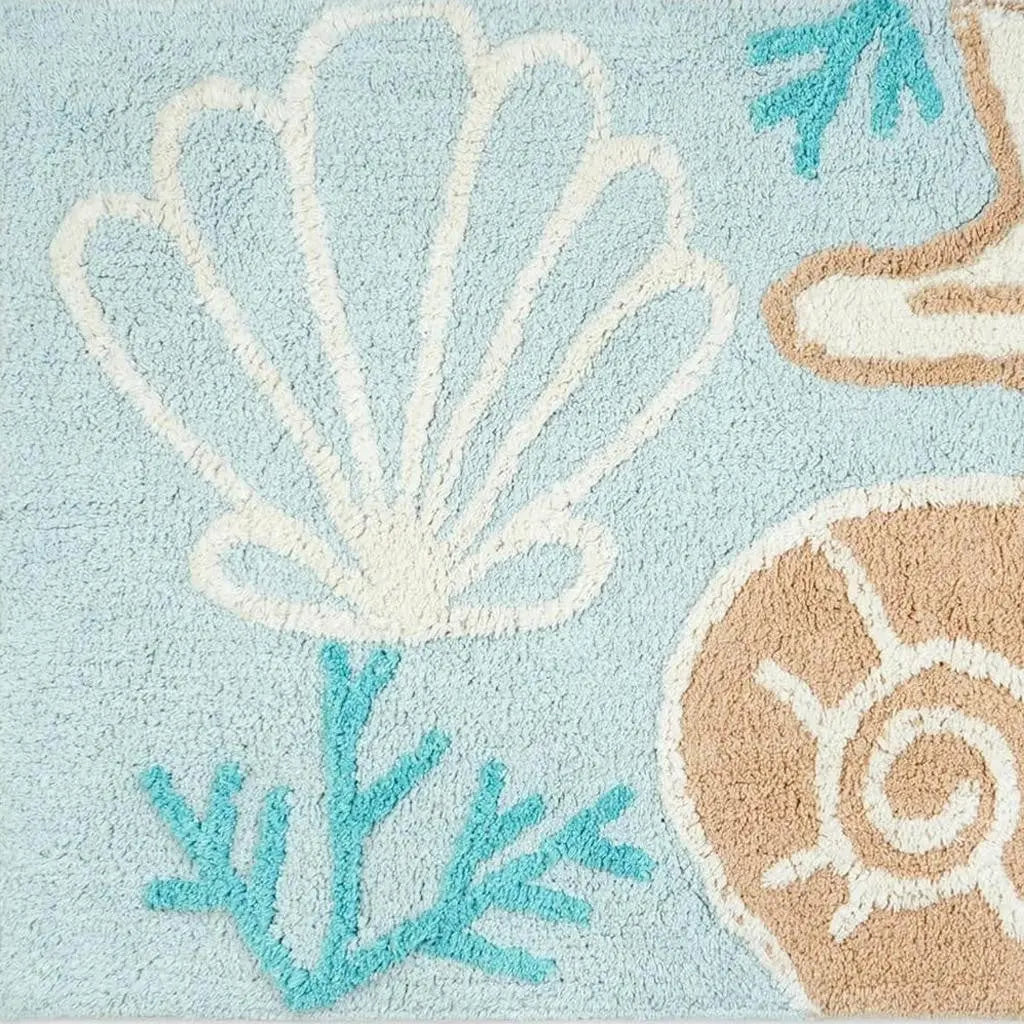 32" Blue Tan And White Cotton Seashells And Coral Bath Rug - GreatEagleInc