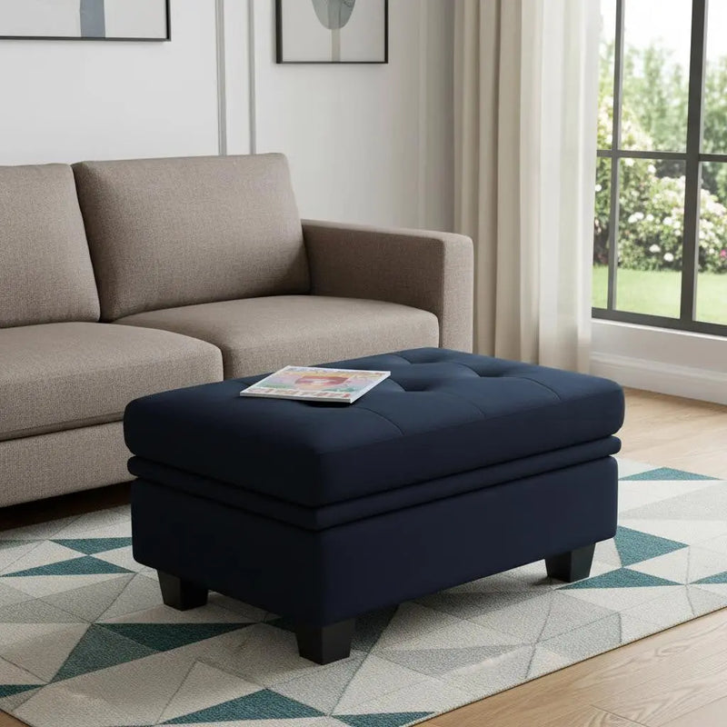 32" Blue and Black Velvet Tufted Storage Ottoman Homeroots Living Room