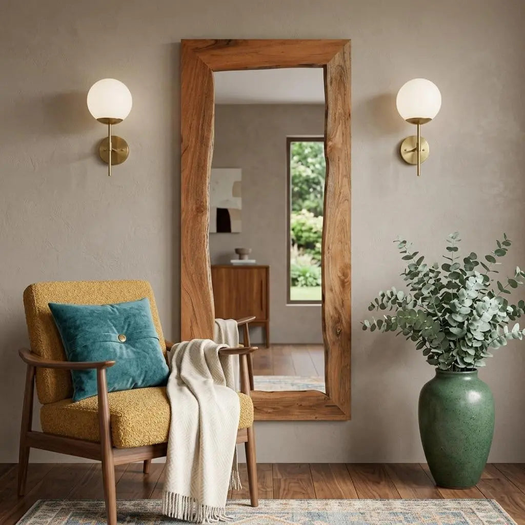 32" Brown Live Edge Solid Wood Full Length Hanging Mirror Homeroots Bed & Bath