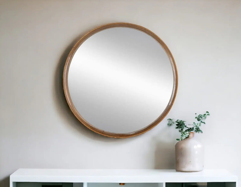 32" Brown Round Wood Framed Accent Mirror Homeroots Bed & Bath