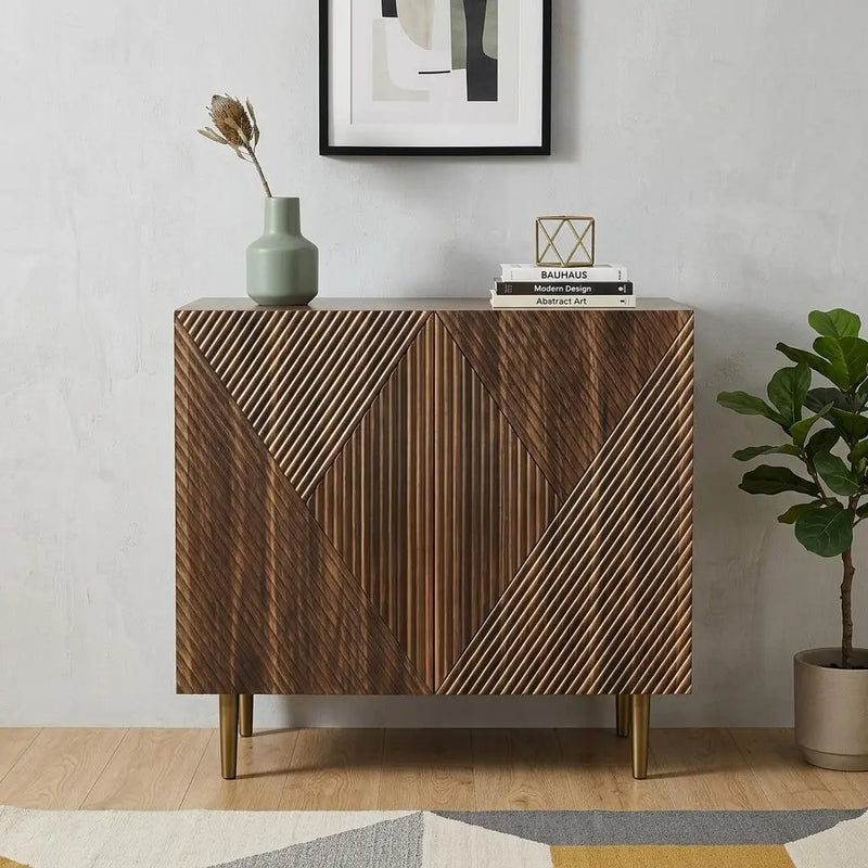 32" Brown Wood Carved Geometric Sideboard With Two Doors Homeroots Kitchen & Dining