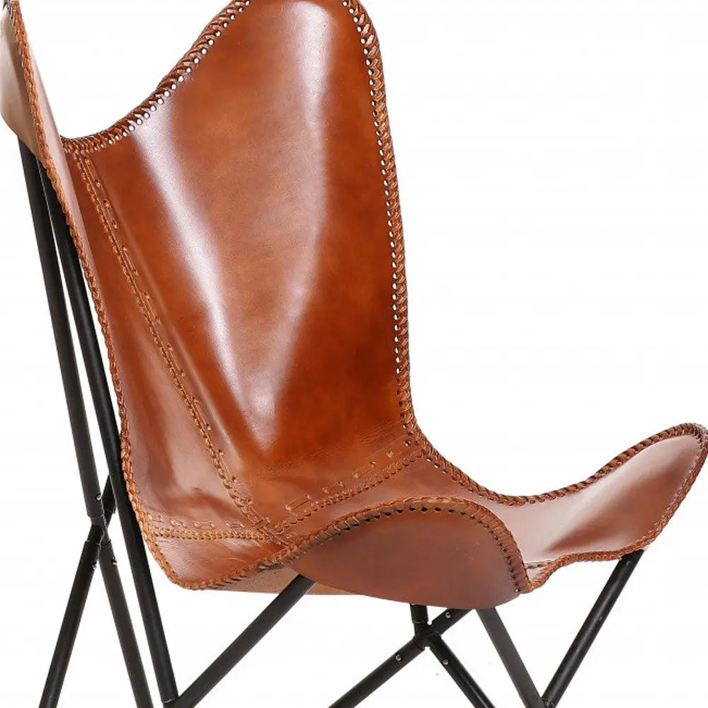 32" Brown and Black Genuine Leather Butterfly Chair Homeroots Living Room