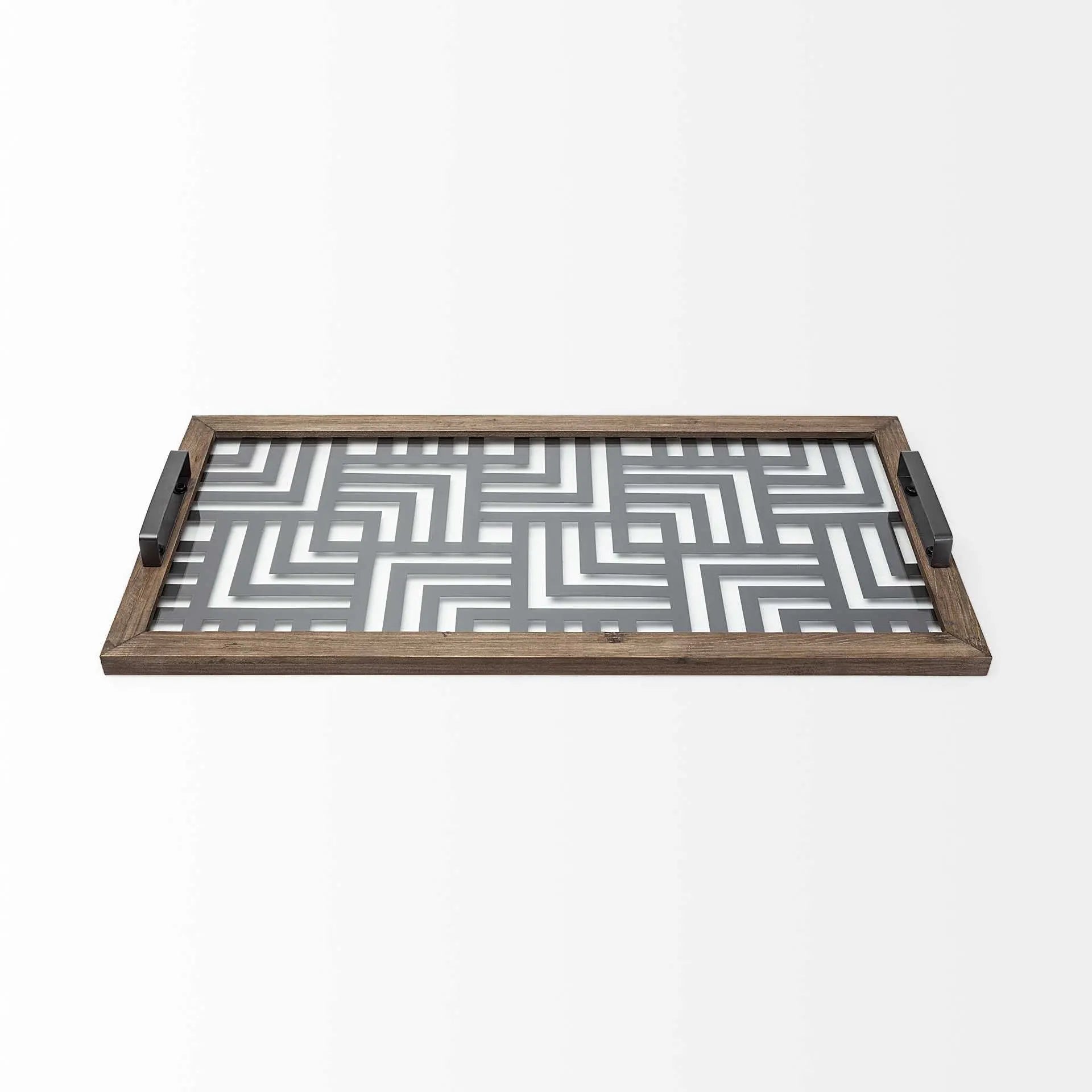32" Brown and Black Glass Metal And Wood Geometric Serving Tray With Handles Homeroots Kitchen & Dining