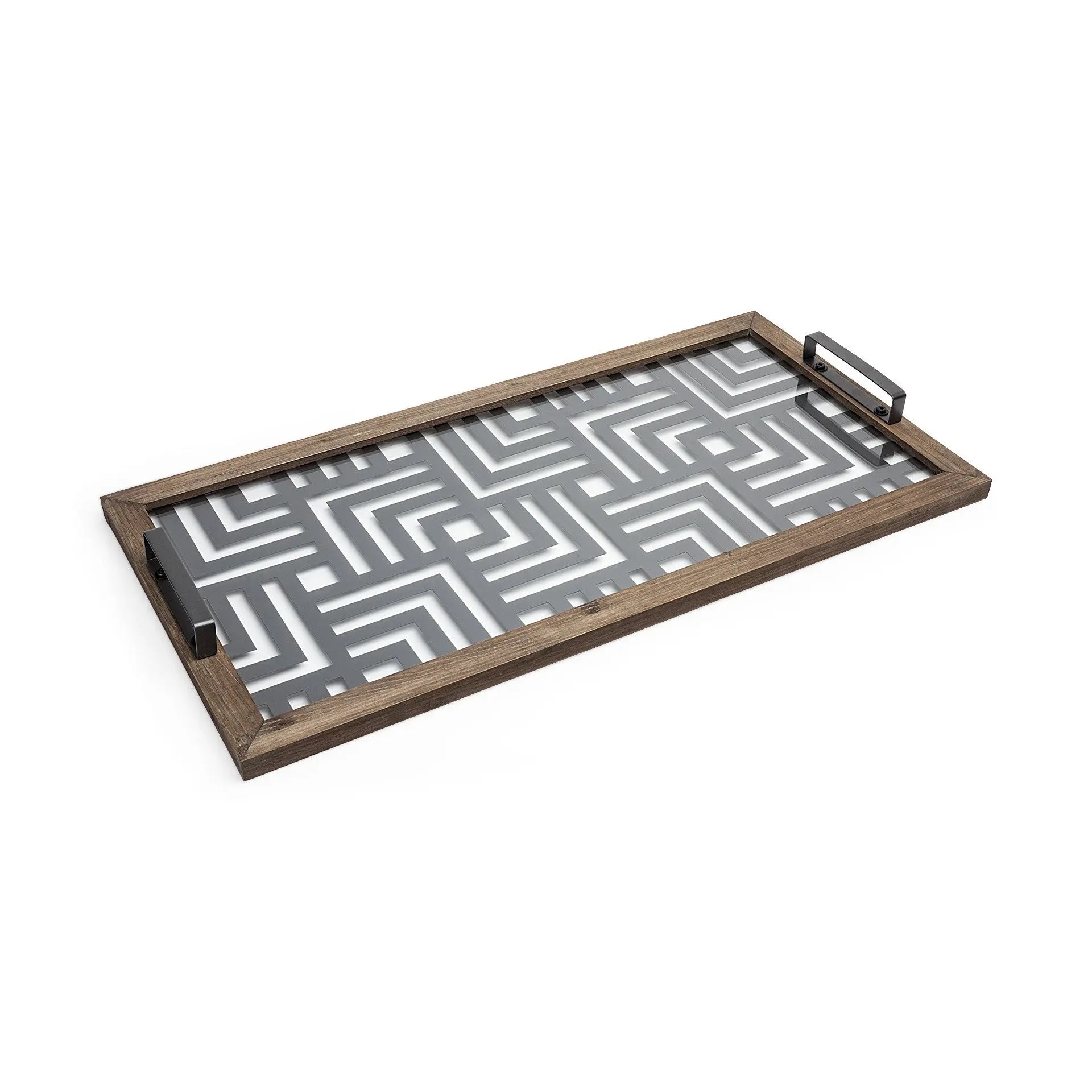32" Brown and Black Glass Metal And Wood Geometric Serving Tray With Handles Homeroots Kitchen & Dining