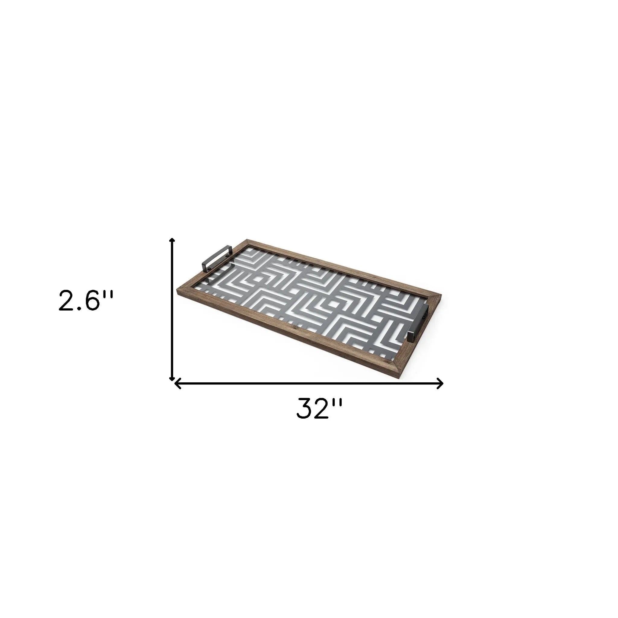 32" Brown and Black Glass Metal And Wood Geometric Serving Tray With Handles Homeroots Kitchen & Dining