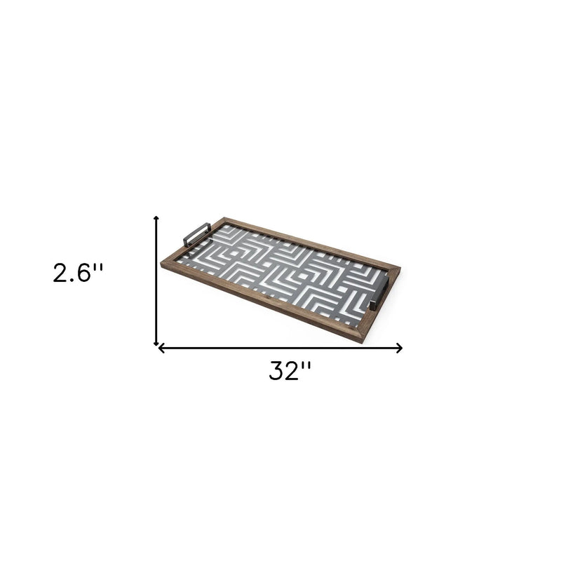 32" Brown and Black Glass Metal And Wood Geometric Serving Tray With Handles Homeroots Kitchen & Dining