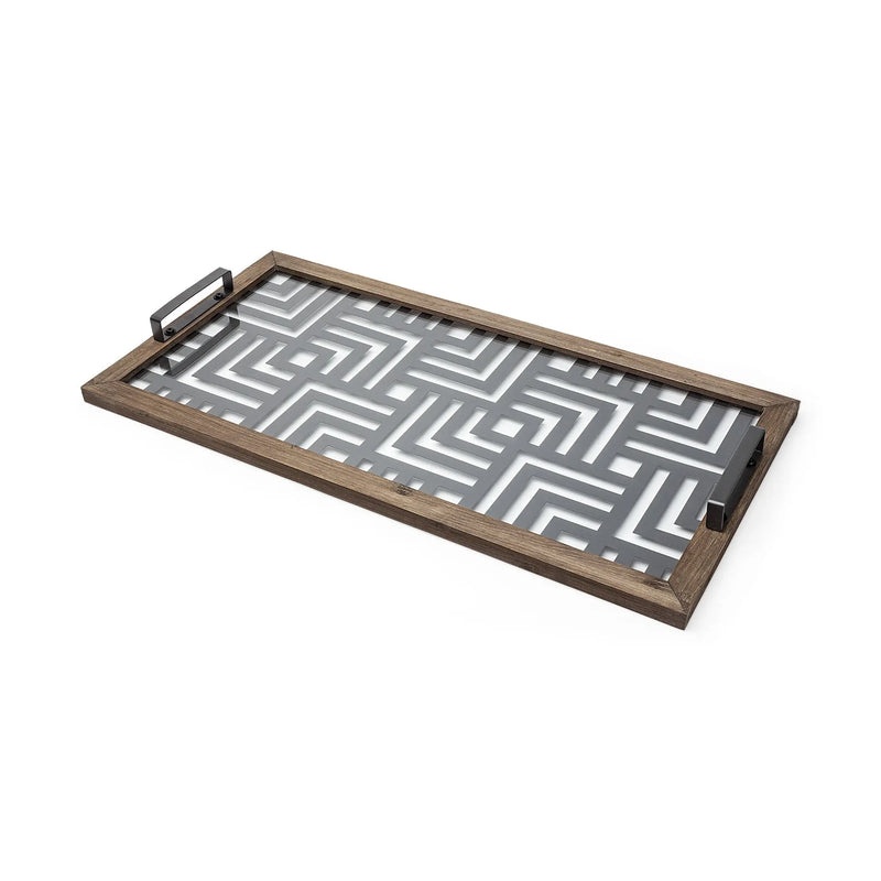 32" Brown and Black Glass Metal And Wood Geometric Serving Tray With Handles Homeroots Kitchen & Dining