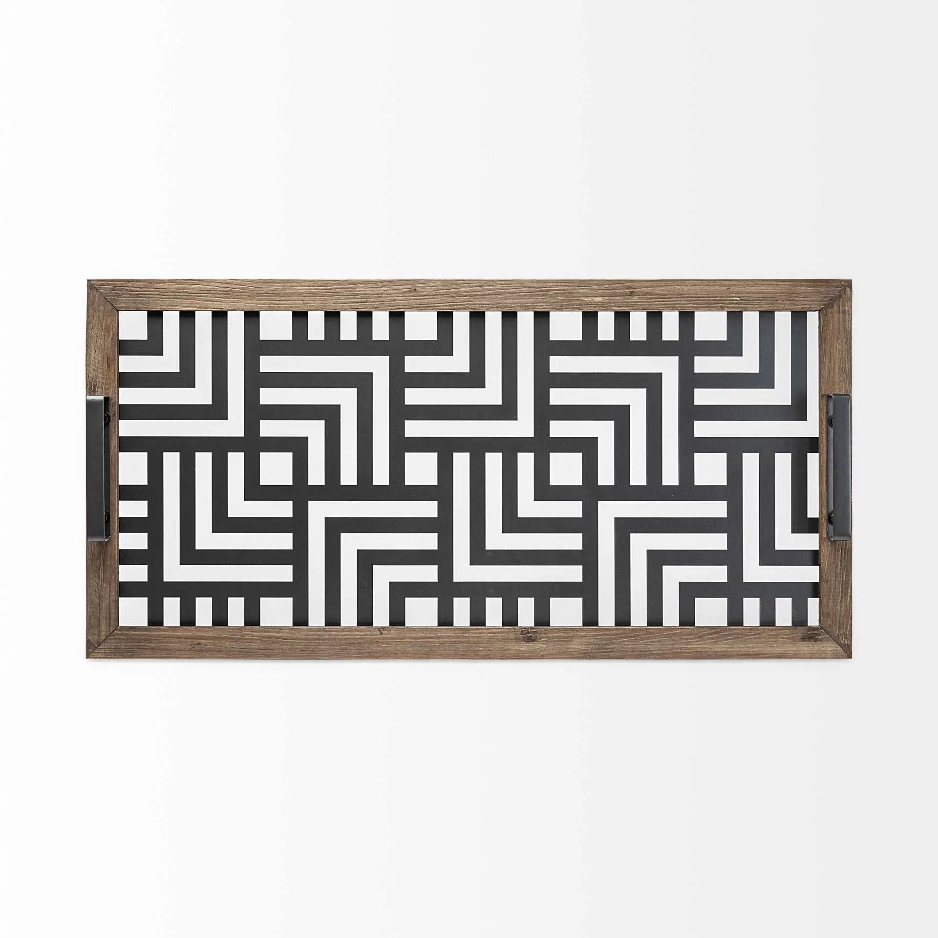 32" Brown and Black Glass Metal And Wood Geometric Serving Tray With Handles Homeroots Kitchen & Dining