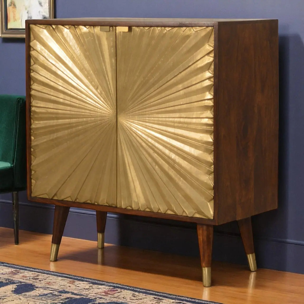 32" Chestnut and Gold Solid Wood Textured Door Accent Cabinet With Two Doors Homeroots Kitchen & Dining