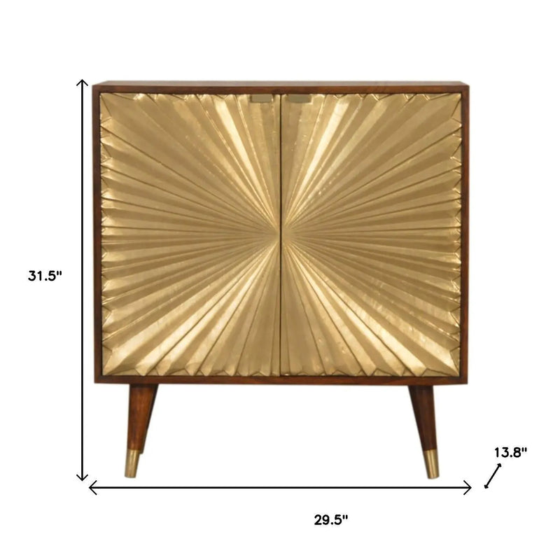 32" Chestnut and Gold Solid Wood Textured Door Accent Cabinet With Two Doors Homeroots Kitchen & Dining