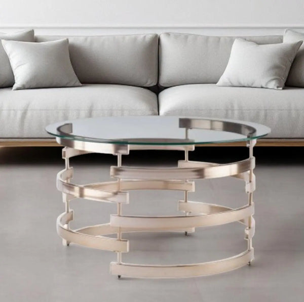 32" Clear And Champagne Glass And Metal With Iron Round Coffee Table Homeroots Living Room